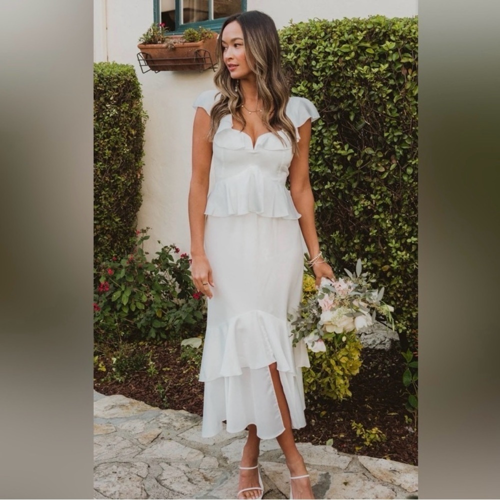 SHOW ME YOUR MUMU XXS Romantic Feminine Wedding Guest Ivory Satin Ruffle Dress